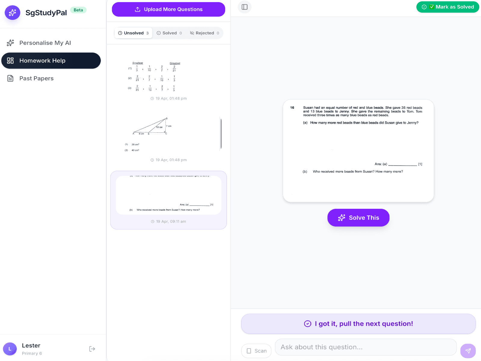 AI homework help chat interface showing step-by-step math problem solving